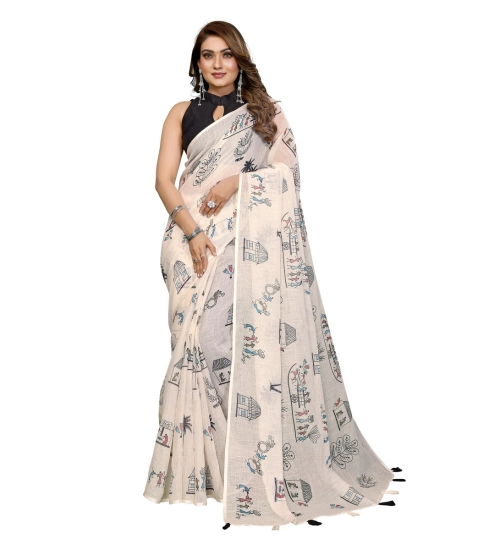 Women's Linen Cotton Printed Saree With Unstitched Blouse 5.5Mtr (Off White)
