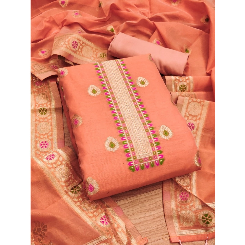 Women's Banarasi Silk Printed Unstitched Salwar Suit Material With Dupatta (Peach, 3Mtrs)