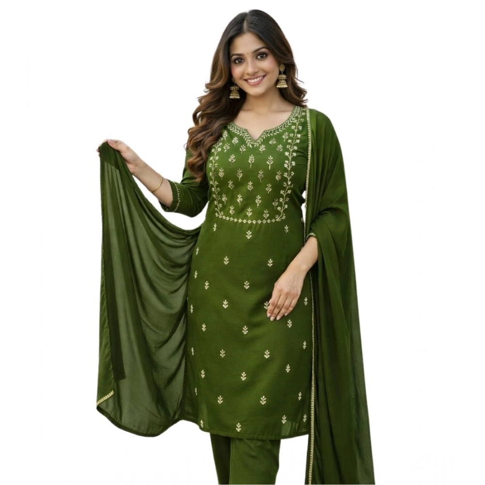 Women's Georgette Ethnic Motif Round 3/4th Sleeve Kurti With Pant Dupatta Set (Mahendi) Women's Georgette Ethnic Motif Round 3/4th Sleeve Kurti With Pant Dupatta Set (Mahendi)
