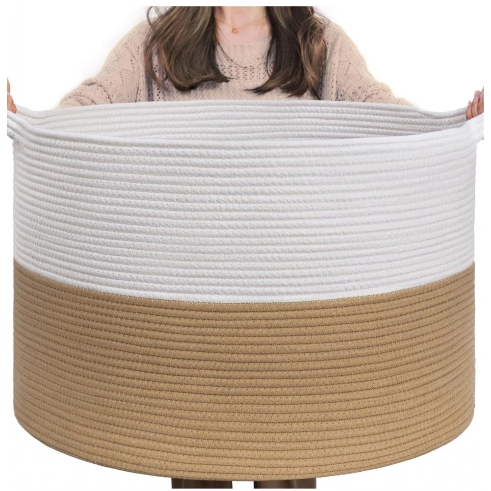 Cotton 16x14 Inch Pack of 1 Storage Basket For Clothes (Beige-White)