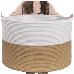 Cotton 16x14 Inch Pack of 1 Storage Basket For Clothes (Beige-White)