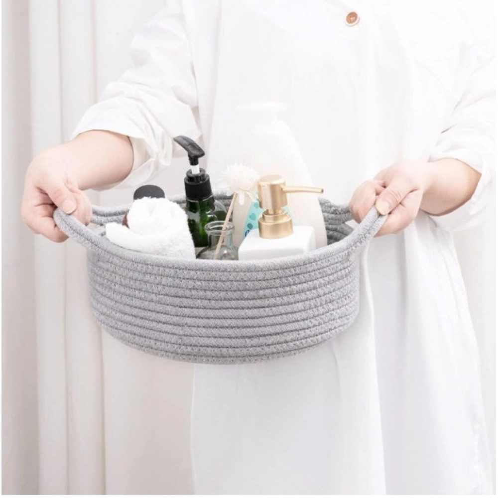 Cotton 8x3 Inch Round Bedside Organizer (Gray)