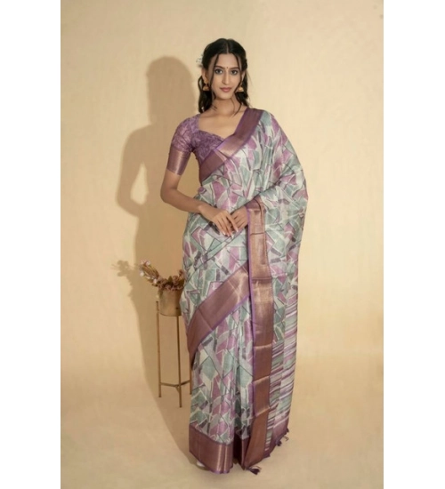 Women's Polyester Printed Saree With Unstitched Blouse 5.5 Mtr (Light Purple)