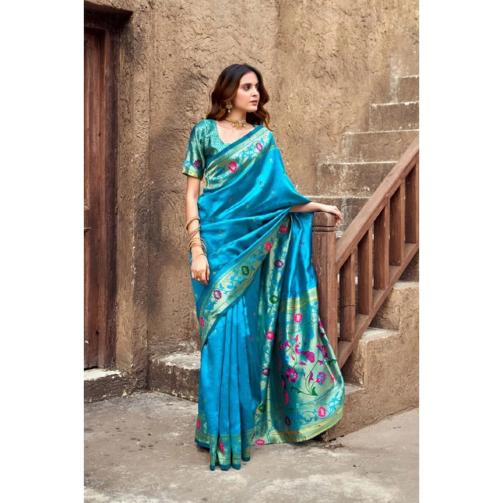 Women's Silk Blend Woven Saree With Unstitched Blouse 5.5 Mtr (Aqua_Blue)