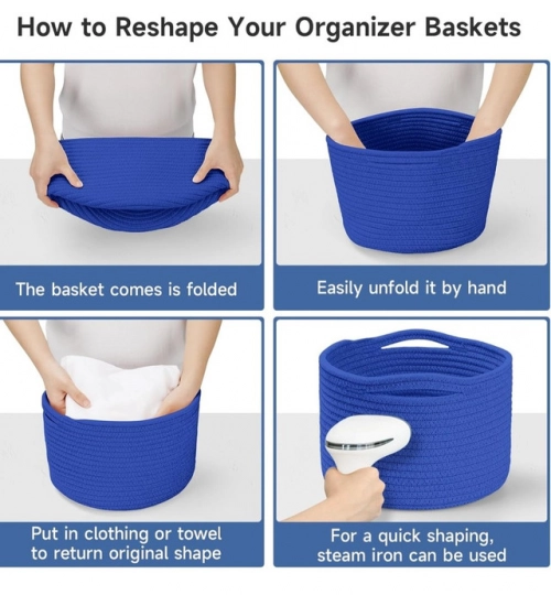 Cotton 9x7 Inch Pack of 3 Storage Basket For Clothes (Royal Blue)
