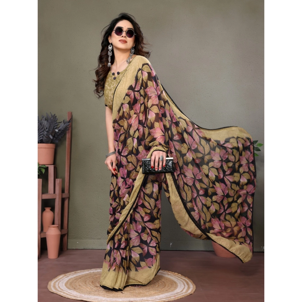 Women's Chiffon Printed Saree With Unstitched Blouse 5.5Mtr (Beige)