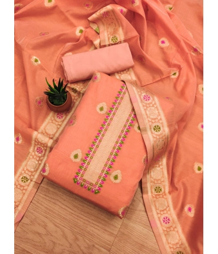 Women's Banarasi Silk Printed Unstitched Salwar Suit Material With Dupatta (Peach, 3Mtrs)