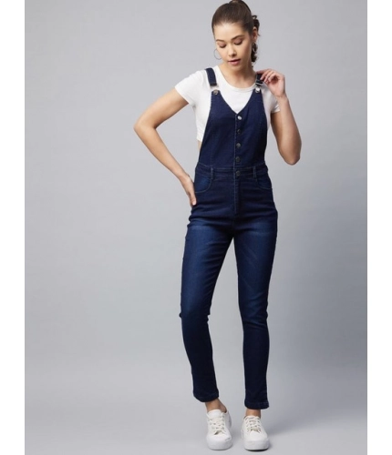 Women's Denim Lycra Solid Buttoned Dungaree (Navy)