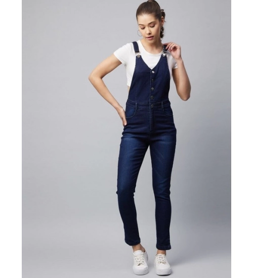 Women's Denim Lycra Solid Buttoned Dungaree (Navy)