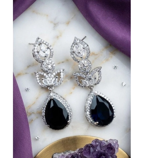 Women's Brass Silver Plated Drop Earrings (Blue)