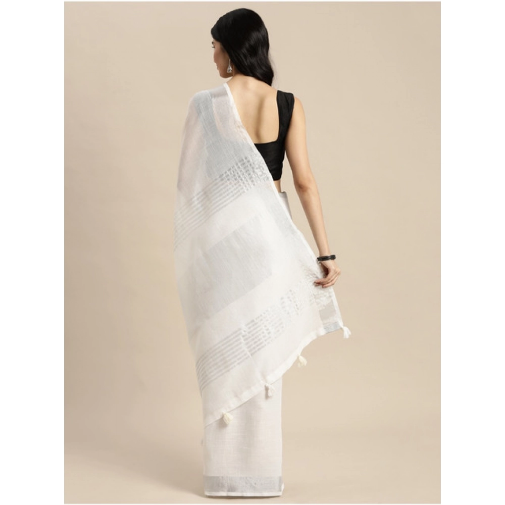 Women's Linen Cotton Printed Saree With Unstitched Blouse 5.5Mtr (White) Women's Linen Cotton Printed Saree With Unstitched Blouse 5.5Mtr (White)