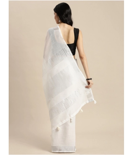 Women's Linen Cotton Printed Saree With Unstitched Blouse 5.5Mtr (White)