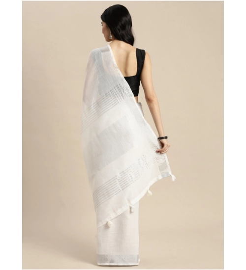 Women's Linen Cotton Printed Saree With Unstitched Blouse 5.5Mtr (White)
