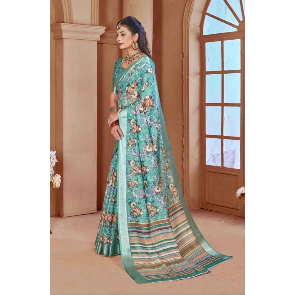 Women's Printed Cotton Linen Saree withPrinted Saree With Unstitched Blouse (Mint Green, 5-6Mtrs) Women's Printed Cotton Linen Saree withPrinted Saree With Unstitched Blouse (Mint Green, 5-6Mtrs)