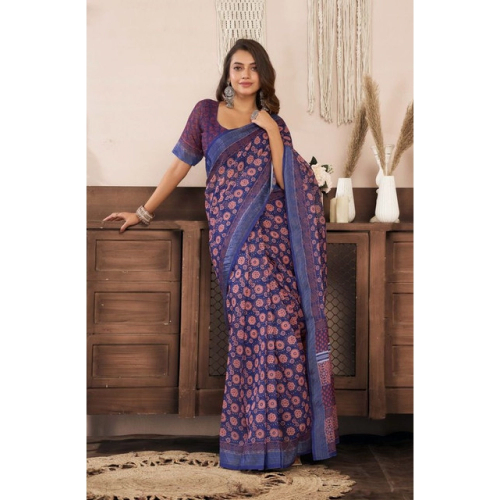 Women's Faux Linen Floral Print Ready to wear Saree With Unstitched Blouse 5.5Mtr (Dark_NavyBlue) Women's Faux Linen Floral Print Ready to wear Saree With Unstitched Blouse 5.5Mtr (Dark_NavyBlue)