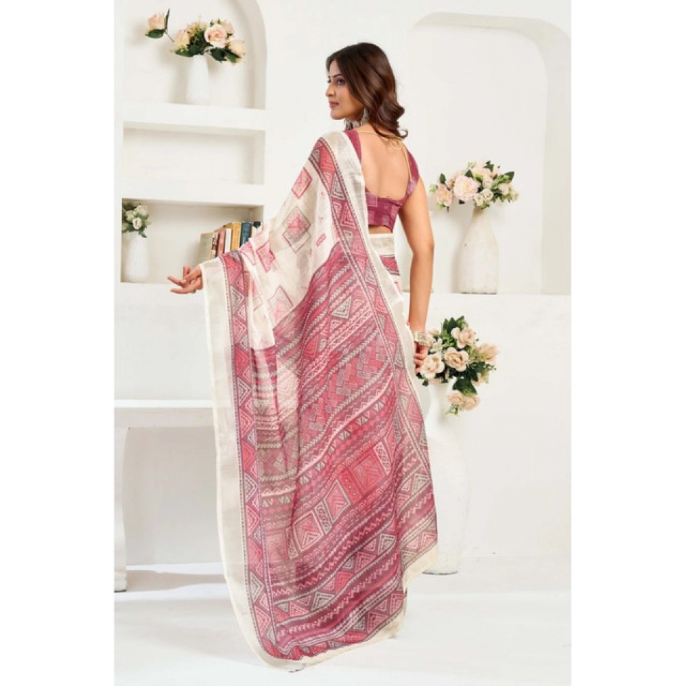 Women's Linen Cotton Printed Ready To Wear Saree With Unstitched Blouse 5.5 Mtr (Off_White) Women's Linen Cotton Printed Ready To Wear Saree With Unstitched Blouse 5.5 Mtr (Off_White)