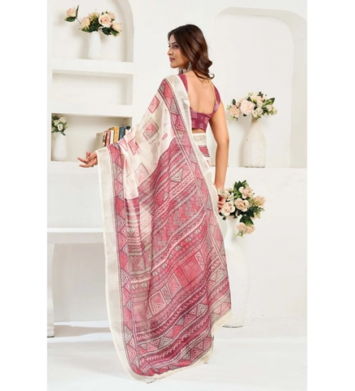 Women's Linen Cotton Printed Ready To Wear Saree With Unstitched Blouse 5.5 Mtr (Off_White) Women's Linen Cotton Printed Ready To Wear Saree With Unstitched Blouse 5.5 Mtr (Off_White)