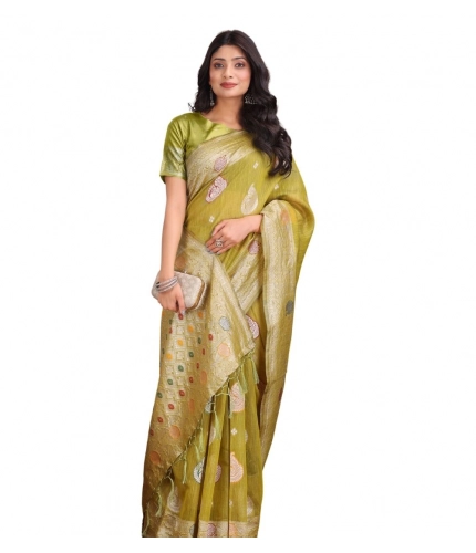 Women's Linen Cotton Printed Saree With Unstitched Blouse 5.5Mtr (Mustrad)