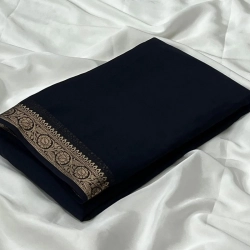 Women's Crepe Chit Pallu Solid Saree With Unstitched Blouse 5.5Mtr (Black)