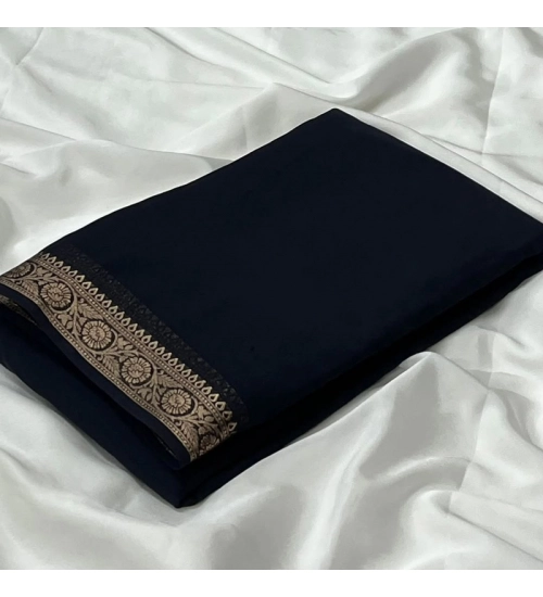 Women's Crepe Chit Pallu Solid Saree With Unstitched Blouse 5.5Mtr (Black)