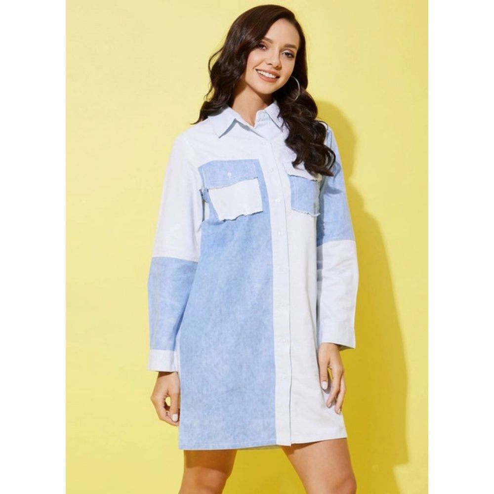 Women's Denim Solid Long Sleeves Dress (Blue) Women's Denim Solid Long Sleeves Dress (Blue)