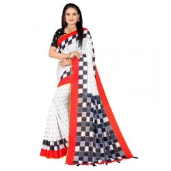 Women's Soft Pure Cotton Printed Saree With Unstitched Blouse 5.5Mtr (White)