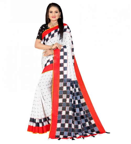 Women's Soft Pure Cotton Printed Saree With Unstitched Blouse 5.5Mtr (White)