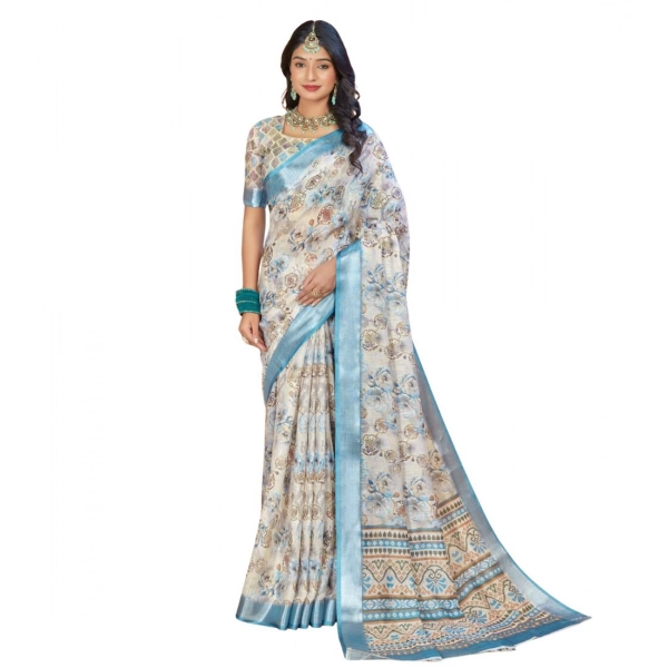 Dropship Women's Printed Cotton Linen Saree withPrinted  Saree With Unstitched Blouse (Beige , 5-6Mtrs)