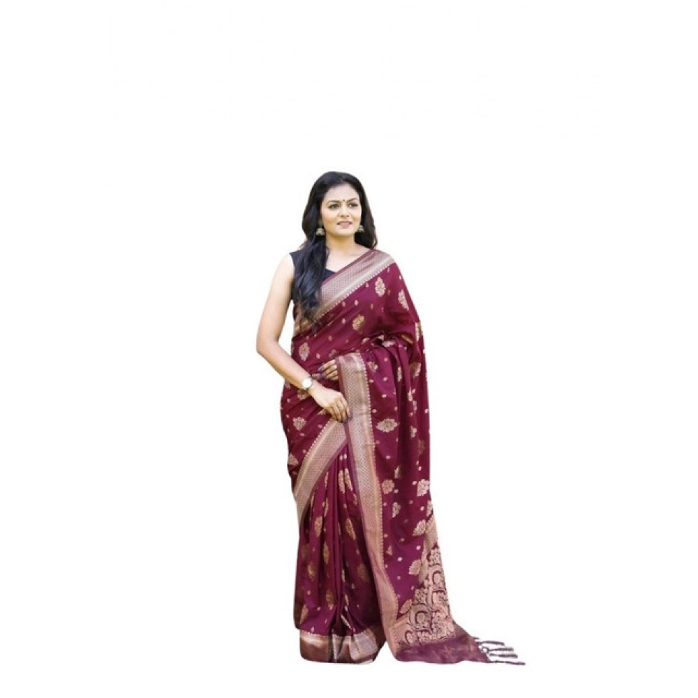 Women's Soft Lichi Silk Printed Saree With Unstitched Blouse 5.5Mtr (Wine)