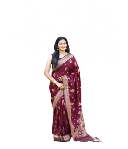 Women's Soft Lichi Silk Printed Saree With Unstitched Blouse 5.5Mtr (Wine)