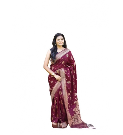 Women's Soft Lichi Silk Printed Saree With Unstitched Blouse 5.5Mtr (Wine)