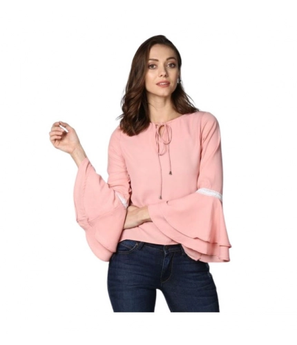 Women's Polyester Solid Bell Sleeve Top (Pink)