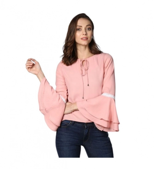 Women's Polyester Solid Bell Sleeve Top (Pink)