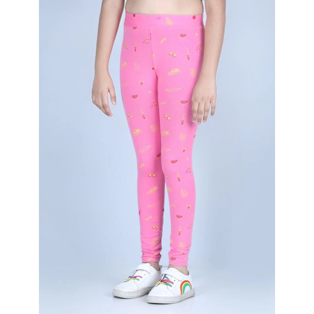 Girl's Cotton Lycra Printed Elasticated Leggings (Pink) Girl's Cotton Lycra Printed Elasticated Leggings (Pink)