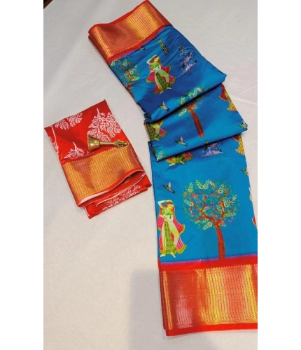 Women's Digital Dolla Silk Printed Saree With Unstitched Blouse 5.5Mtr (Sky Blue)