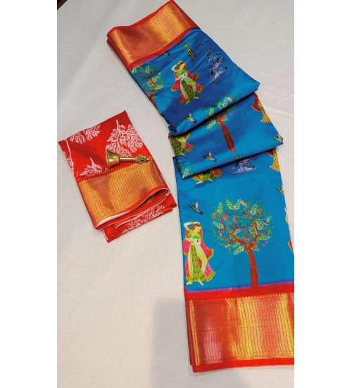 Women's Digital Dolla Silk Printed Saree With Unstitched Blouse 5.5Mtr (Sky Blue)