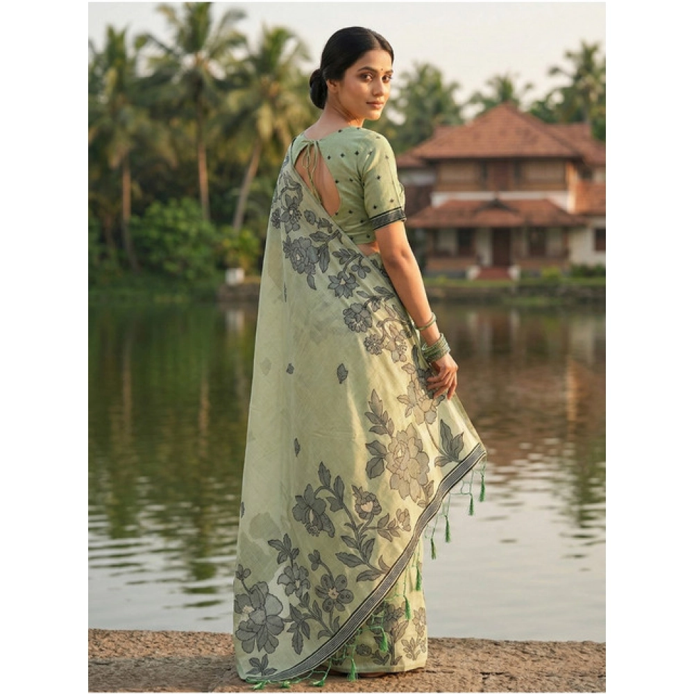 Women's Linen Cotton Printed Saree With Unstitched Blouse 5.5Mtr (Light Green) Women's Linen Cotton Printed Saree With Unstitched Blouse 5.5Mtr (Light Green)