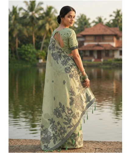 Women's Linen Cotton Printed Saree With Unstitched Blouse 5.5Mtr (Light Green)