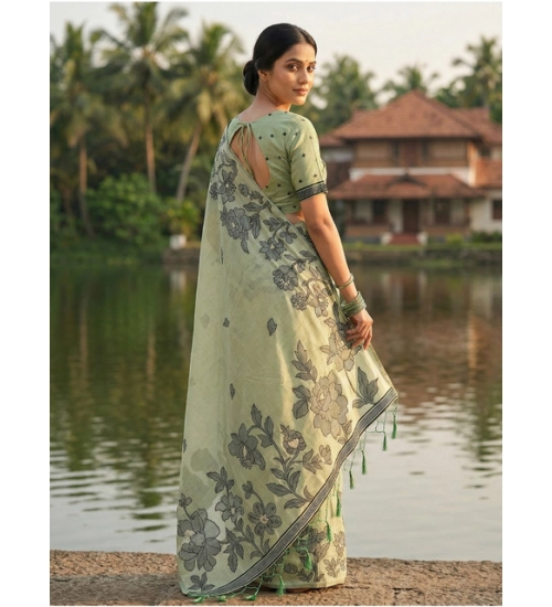 Women's Linen Cotton Printed Saree With Unstitched Blouse 5.5Mtr (Light Green) Women's Linen Cotton Printed Saree With Unstitched Blouse 5.5Mtr (Light Green)