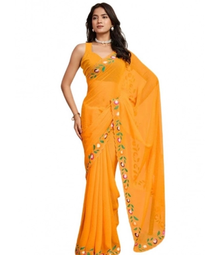 Women's Georgette Printed Saree With Unstitched Blouse 5.5Mtr (Yellow)