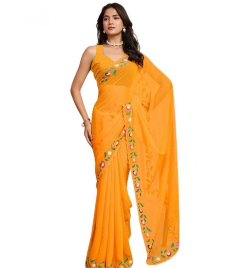 Women's Georgette Printed Saree With Unstitched Blouse 5.5Mtr (Yellow)