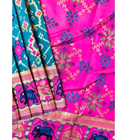 Women's Patola Silk Meena And Zari Woven Saree With Unstitched Blouse 5.5Mtr (Blue)