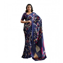 Women's Satin Crepe Printed Saree With Unstitched Blouse 5.5Mtr (Navy Blue)