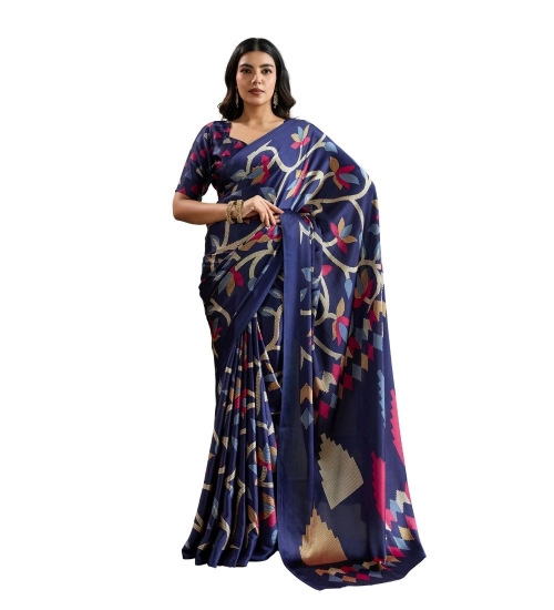 Women's Satin Crepe Printed Saree With Unstitched Blouse 5.5Mtr (Navy Blue)