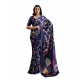 Women's Satin Crepe Printed Saree With Unstitched Blouse 5.5Mtr (Navy Blue)