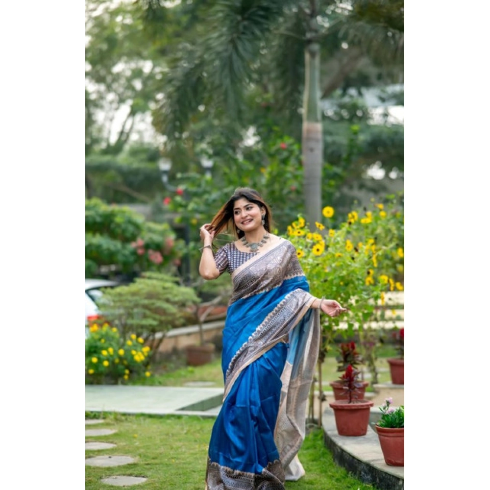 Women's Faux_Tussar Geometric_Print Saree With Unstitched Blouse 5.5Mtr (Royal_Blue) Women's Faux_Tussar Geometric_Print Saree With Unstitched Blouse 5.5Mtr (Royal_Blue)