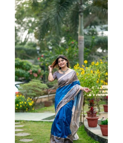 Women's Faux_Tussar Geometric_Print Saree With Unstitched Blouse 5.5Mtr (Royal_Blue)