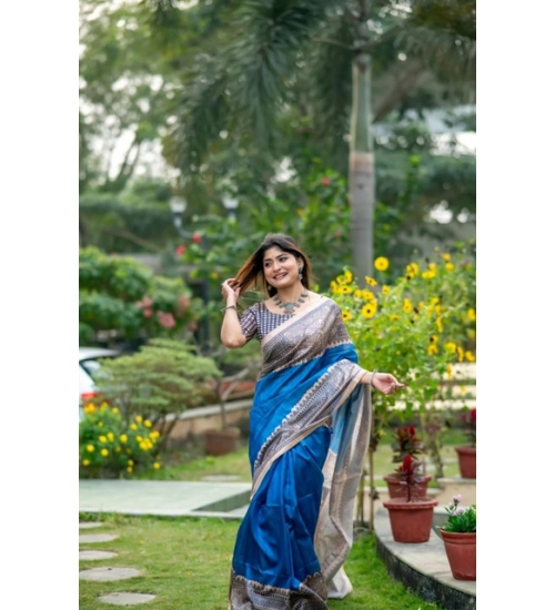 Women's Faux_Tussar Geometric_Print Saree With Unstitched Blouse 5.5Mtr (Royal_Blue)