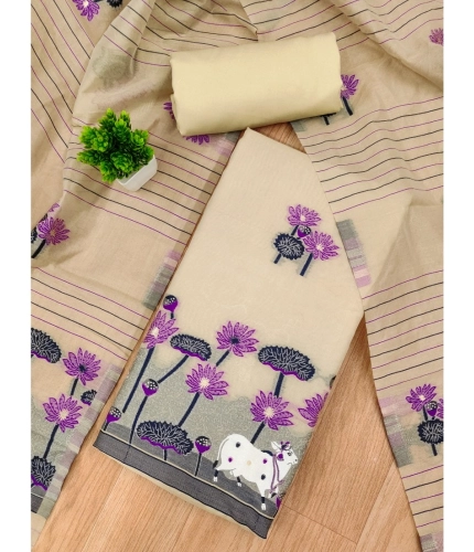 Women's Banarasi Silk Printed Unstitched Salwar Suit Material With Dupatta (Cream, 3Mtrs)