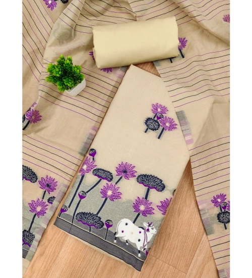 Women's Banarasi Silk Printed Unstitched Salwar Suit Material With Dupatta (Cream, 3Mtrs)